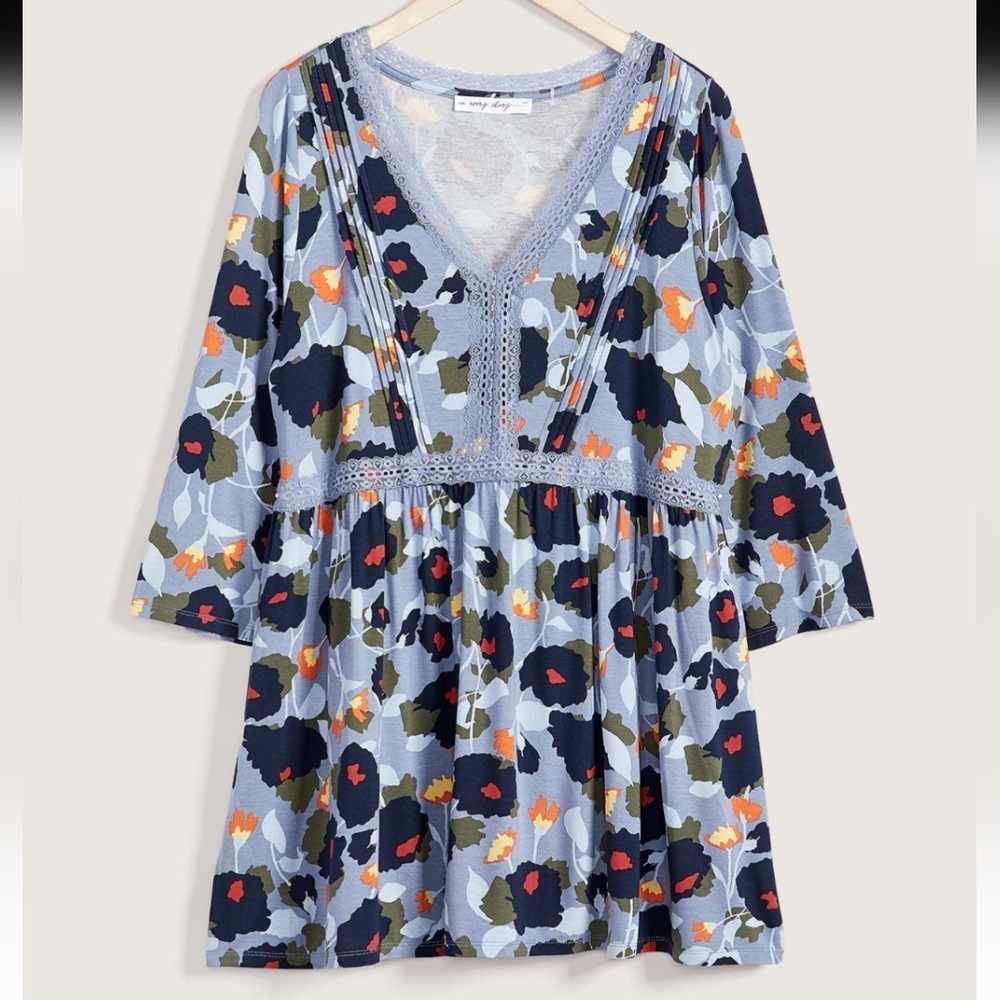 Penningtons Size 2X Printed Babydoll Tunic Top In Blues